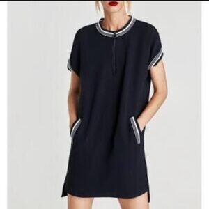 Zara Blue and White Midi Sheath Dress with Crew Neck with Zipper